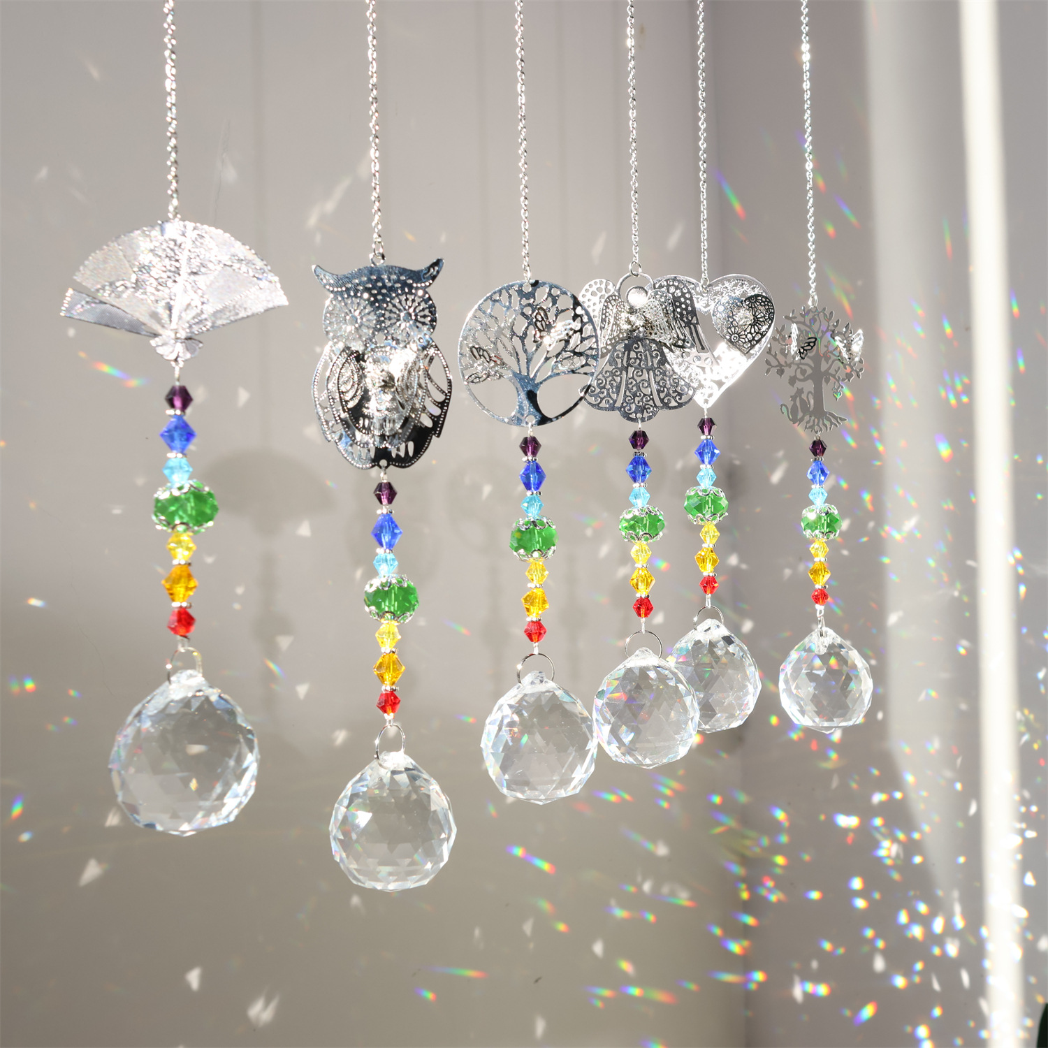 Crystal Ball Decor - Attrape-soleil en cristal, pièce métallique, hibou,
